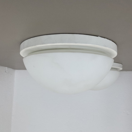 Image 1 of Set van 2 metalen en glazen wand plafondlampen van Glashütte Limburg, Duitsland, 1980