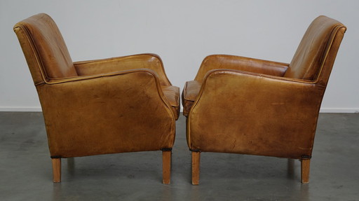 2 x Leren fauteuil/ armchair in lichte cognac kleur, Engelse stijl