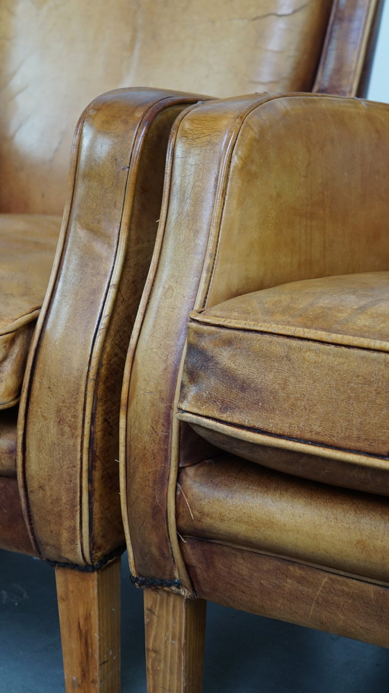 Image 1 of 2 x Leren fauteuil/ armchair in lichte cognac kleur, Engelse stijl