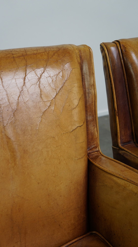 Image 1 of 2 x Leren fauteuil/ armchair in lichte cognac kleur, Engelse stijl