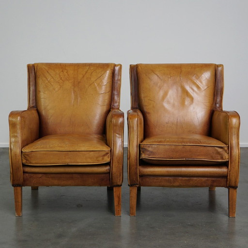 2 x Leren fauteuil/ armchair in lichte cognac kleur, Engelse stijl