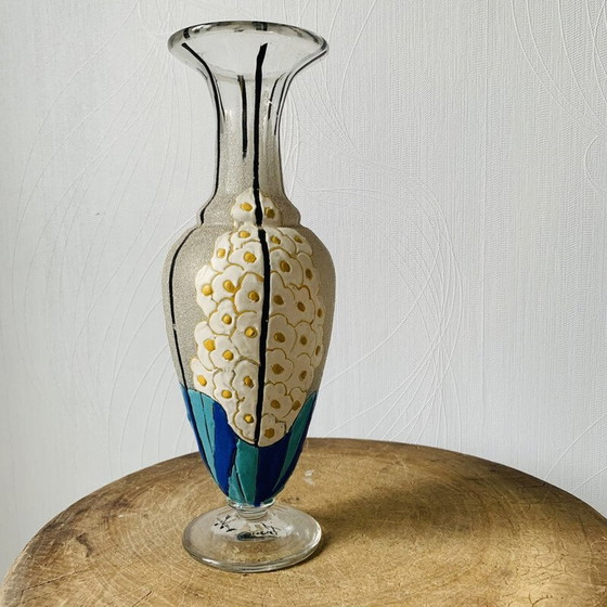 Image 1 of Vintage glazen en geëmailleerde vaas met bloemen van Mazoyer, 1925