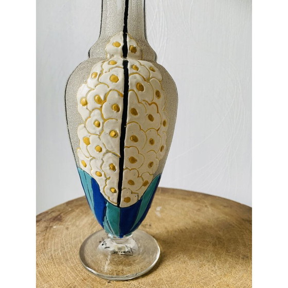 Image 1 of Vintage glazen en geëmailleerde vaas met bloemen van Mazoyer, 1925