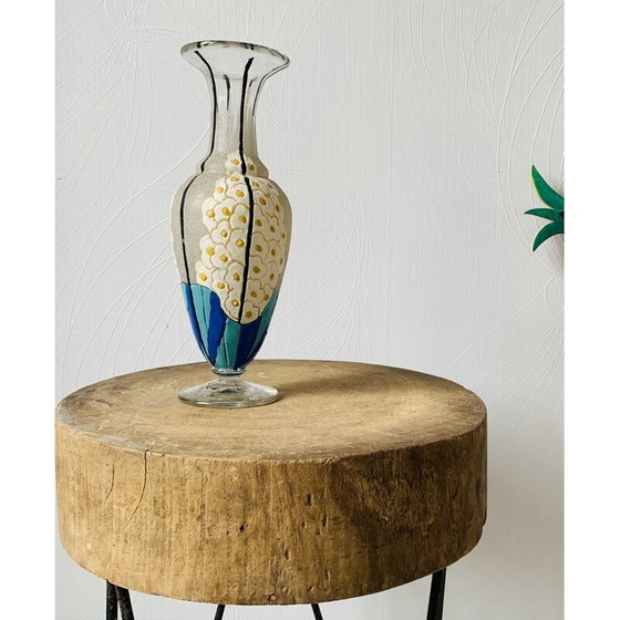 Image 1 of Vintage glazen en geëmailleerde vaas met bloemen van Mazoyer, 1925