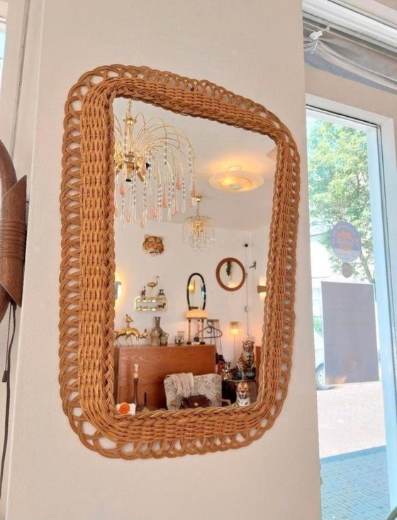 Image 1 of Grote Conische Rotan Riet Spiegel Vintage 