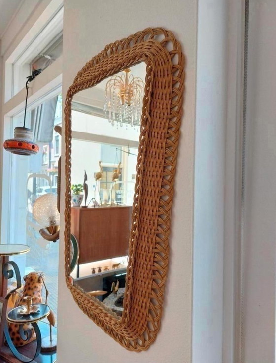 Image 1 of Grote Conische Rotan Riet Spiegel Vintage 