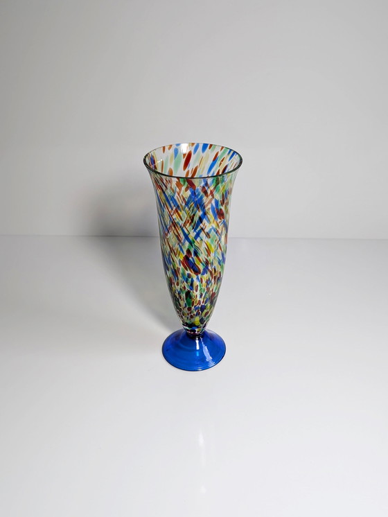 Image 1 of Vintage Murano confetti strooiglas strooivaas glazen bloemenvaas clown kern Mid Century