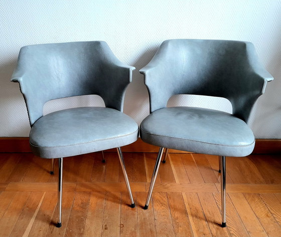 Image 1 of 2X Design fauteuils in Skaï en bekleding, Circa 1960