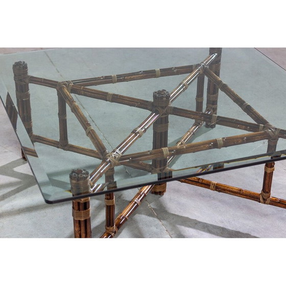 Image 1 of Vintage vierkante salontafel van bamboe en glas door McGuire, 1970