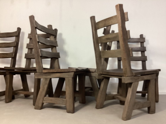 Image 1 of 6 Brutalistische Eiken Stoelen Oak Chairs Sixties 