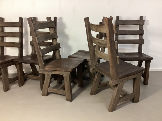 Image 1 of 6 Brutalistische Eiken Stoelen Oak Chairs Sixties 