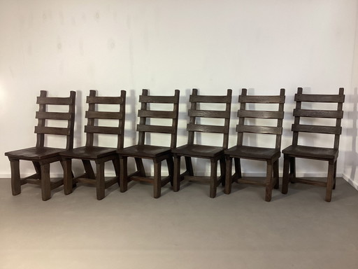 6 Brutalistische Eiken Stoelen Oak Chairs Sixties 