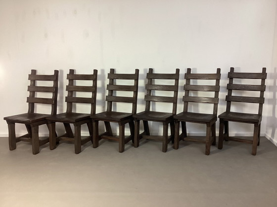 Image 1 of 6 Brutalistische Eiken Stoelen Oak Chairs Sixties 