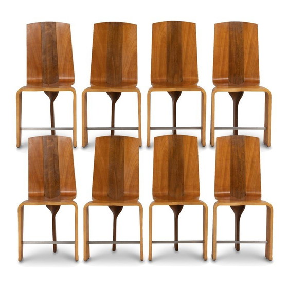 Image 1 of Set van 8 vintage stoelen van blond kersenhout, 1980