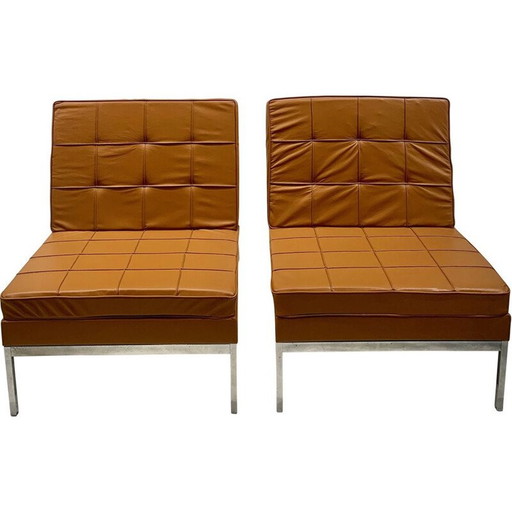 Paar vintage camel leren fauteuils van Florence Knoll