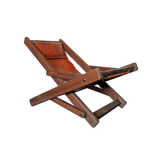 Vintage chaise longue van hout en leer, 1960