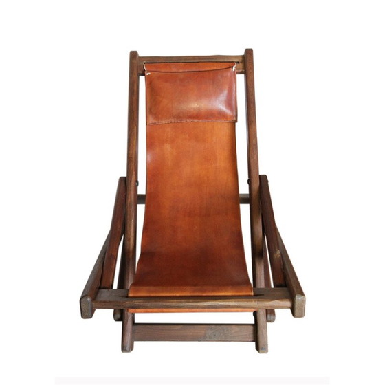 Image 1 of Vintage chaise longue van hout en leer, 1960