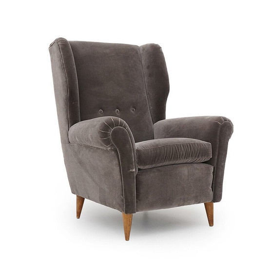 Image 1 of Paar vintage fauteuils in gecapitonneerd hout en grijs fluweel, Italië 1950