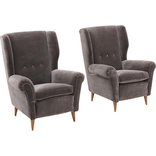 Paar vintage fauteuils in gecapitonneerd hout en grijs fluweel, Italië 1950