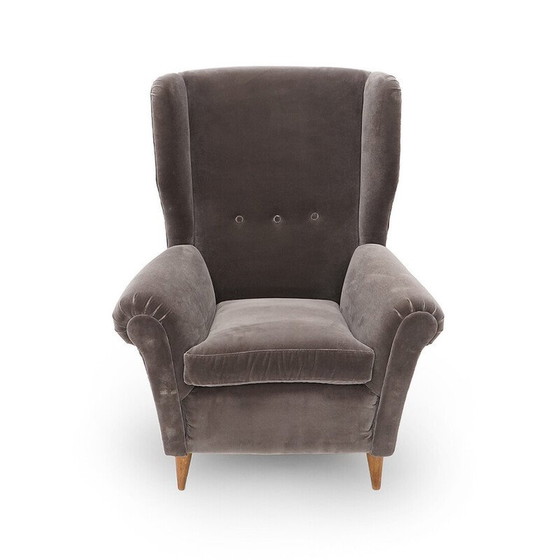 Image 1 of Paar vintage fauteuils in gecapitonneerd hout en grijs fluweel, Italië 1950