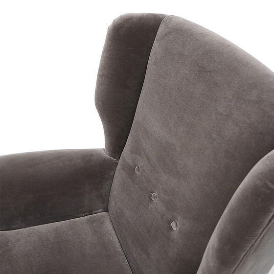 Image 1 of Paar vintage fauteuils in gecapitonneerd hout en grijs fluweel, Italië 1950