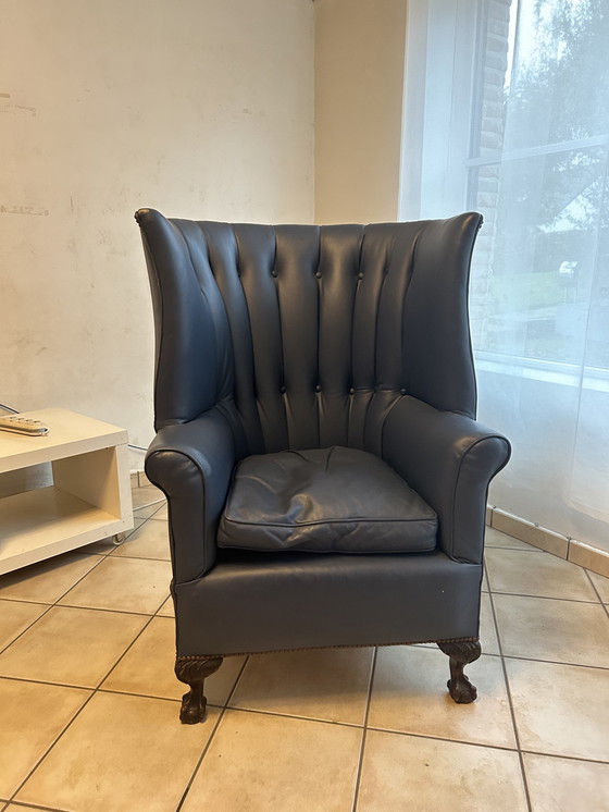 Image 1 of Vintage High Back Wing Leather Chair Blue