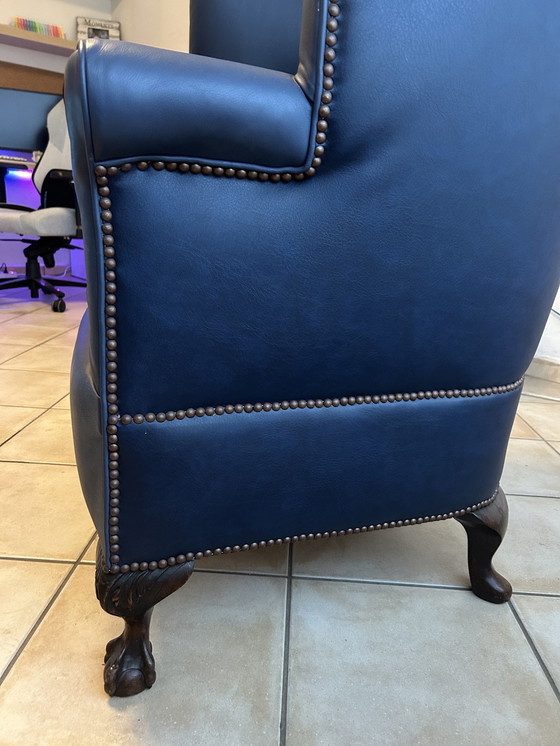 Image 1 of Vintage High Back Wing Leather Chair Blue