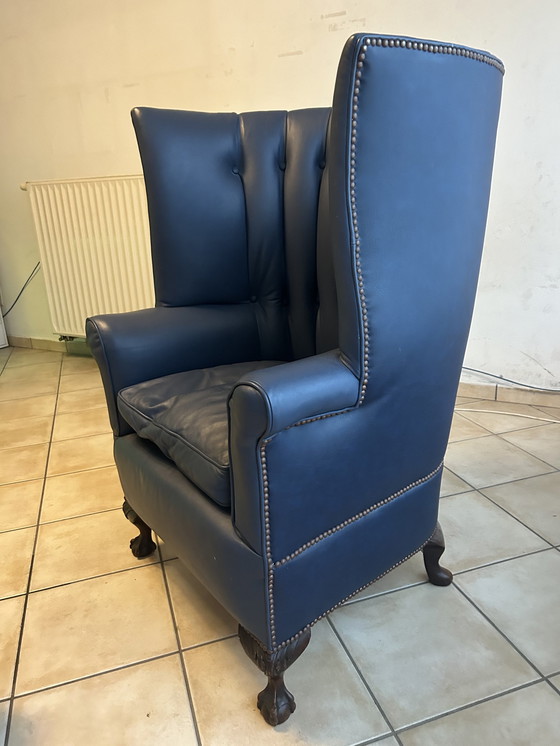 Image 1 of Vintage High Back Wing Leather Chair Blue