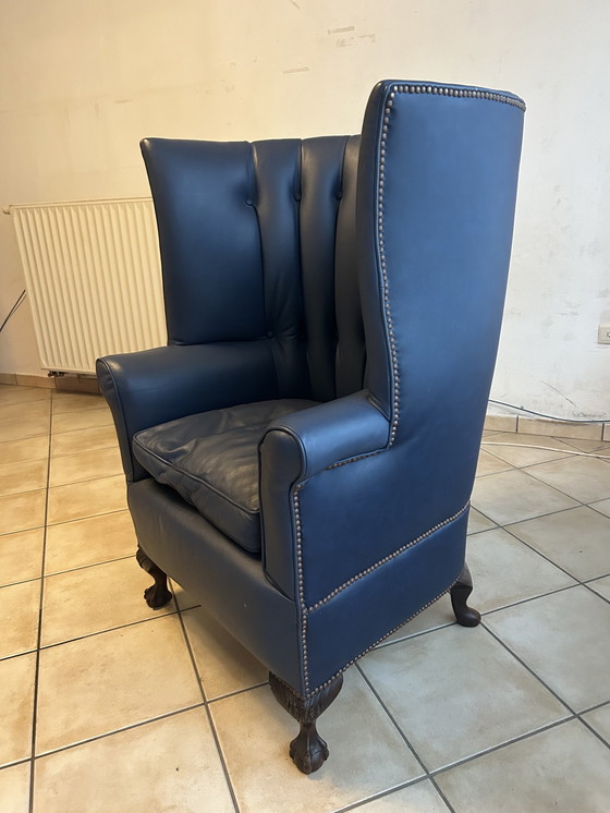 Image 1 of Vintage High Back Wing Leather Chair Blue