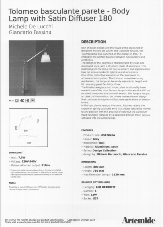 Image 1 of Artemide Basculante Parete Wandlamp 