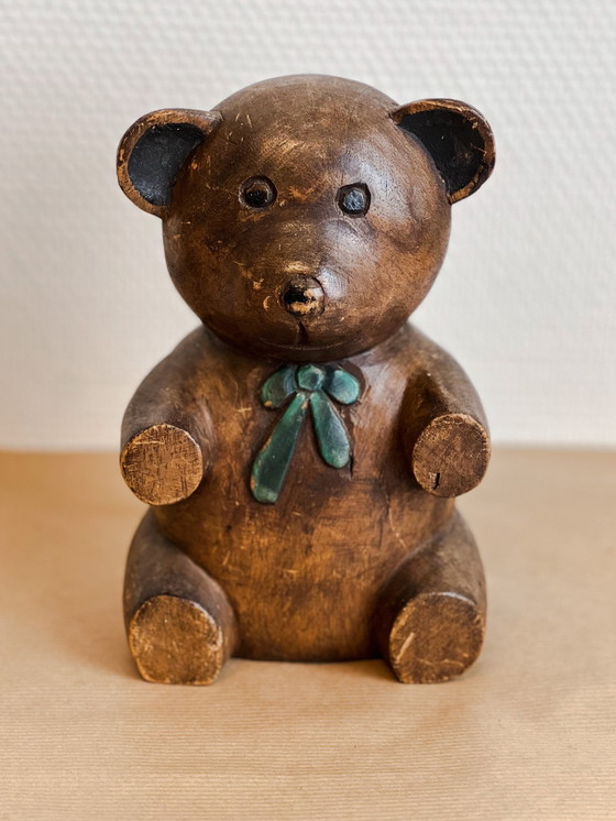 Image 1 of Vintage Handgesneden Teddybeer van Hout