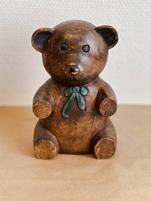 Vintage Handgesneden Teddybeer van Hout