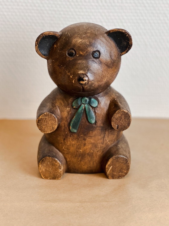 Image 1 of Vintage Handgesneden Teddybeer van Hout