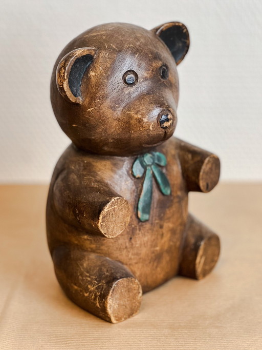 Vintage Handgesneden Teddybeer van Hout