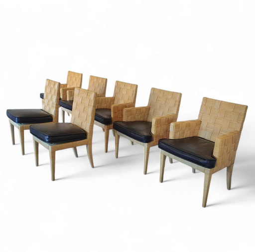 Donghia Block Island Chairs 1990S Met originele leren zittingen. 5 X Armleuningen, 2 X Zonder Door John Hutton.