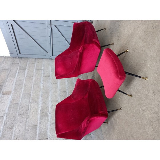 Image 1 of Paar vintage fauteuils met fluwelen voetenbank, Italië 1950