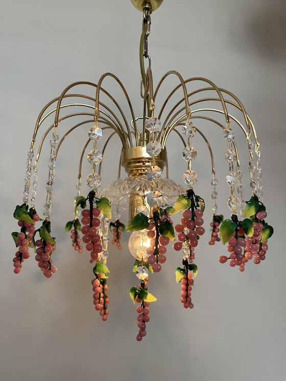 Image 1 of Vintage roze druiven kroonluchter hanglamp kristal geblazen 