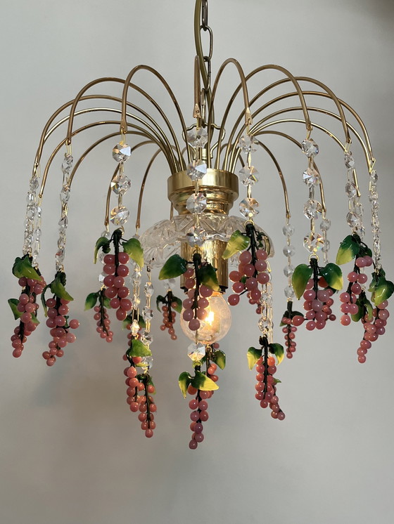 Image 1 of Vintage roze druiven kroonluchter hanglamp kristal geblazen 