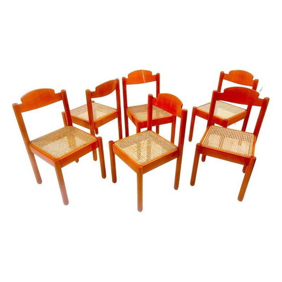 Image 1 of Set van 6 mid-century stoelen in oranje hout, Italië 1960