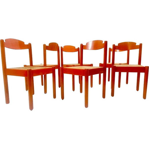 Set van 6 mid-century stoelen in oranje hout, Italië 1960