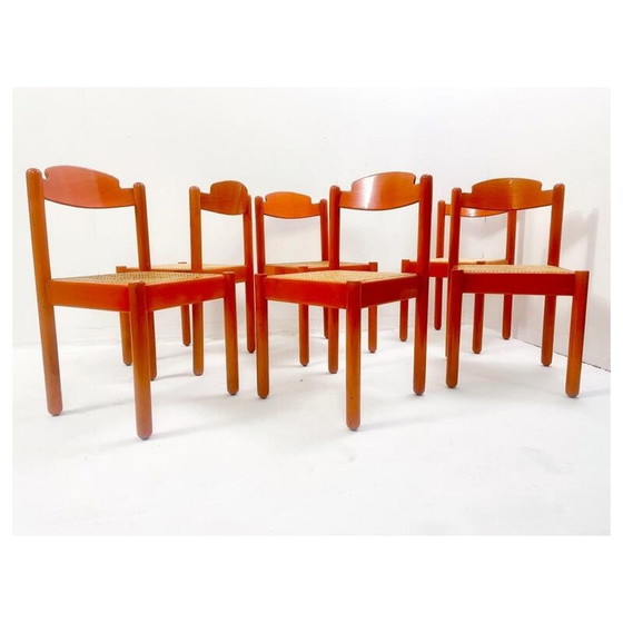 Image 1 of Set van 6 mid-century stoelen in oranje hout, Italië 1960