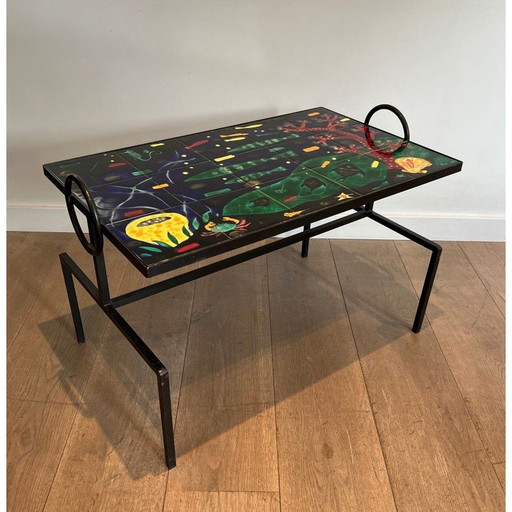 Vintage salontafel van zwart gelakt metaal en keramiek, 1950