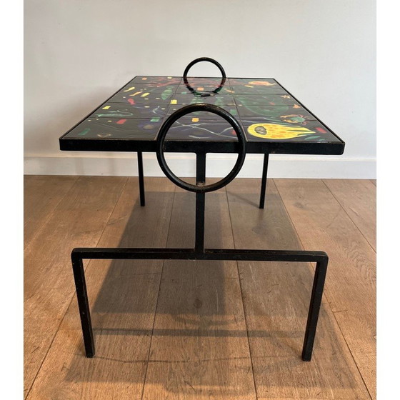 Image 1 of Vintage salontafel van zwart gelakt metaal en keramiek, 1950