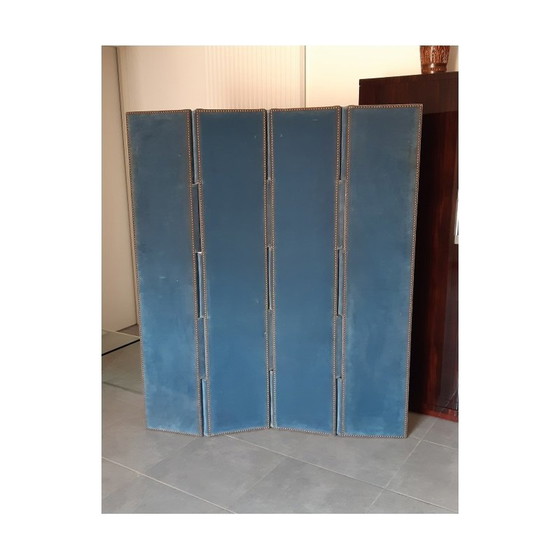 Image 1 of Antiek blauw fluwelen scherm met 4 bladen of 4 panelen. Recto-Verso