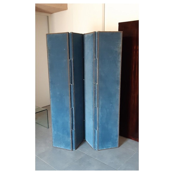 Image 1 of Antiek blauw fluwelen scherm met 4 bladen of 4 panelen. Recto-Verso