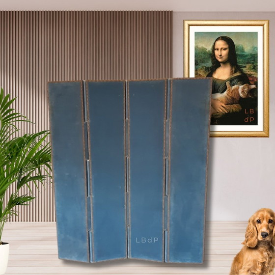 Image 1 of Antiek blauw fluwelen scherm met 4 bladen of 4 panelen. Recto-Verso