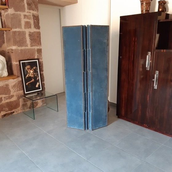 Image 1 of Antiek blauw fluwelen scherm met 4 bladen of 4 panelen. Recto-Verso