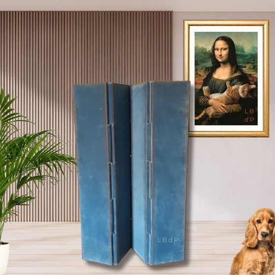 Image 1 of Antiek blauw fluwelen scherm met 4 bladen of 4 panelen. Recto-Verso