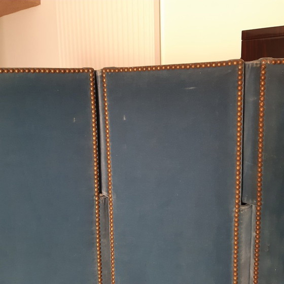 Image 1 of Antiek blauw fluwelen scherm met 4 bladen of 4 panelen. Recto-Verso