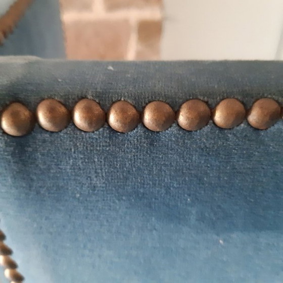 Image 1 of Antiek blauw fluwelen scherm met 4 bladen of 4 panelen. Recto-Verso